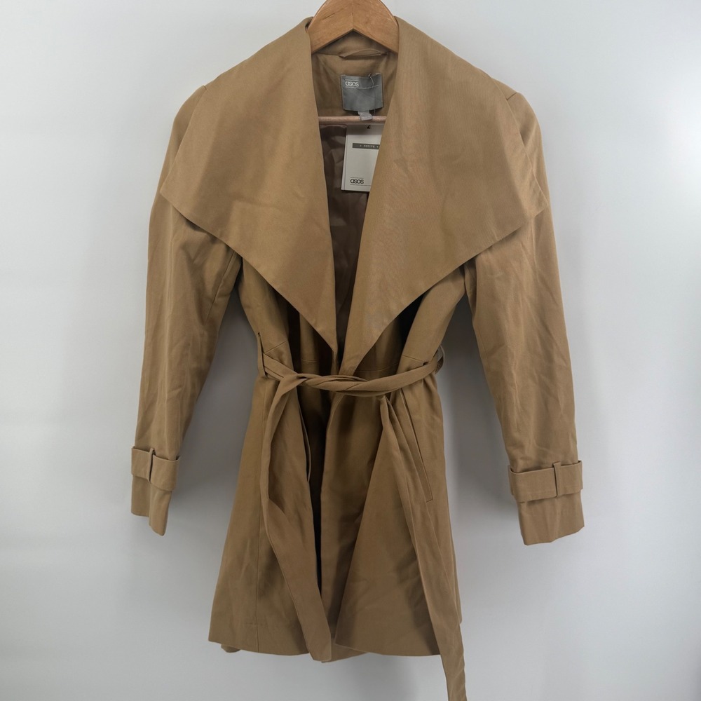ASOS Petite Camel Waterfall Trench Coat Draped Open Front Belted Jacket Size 2